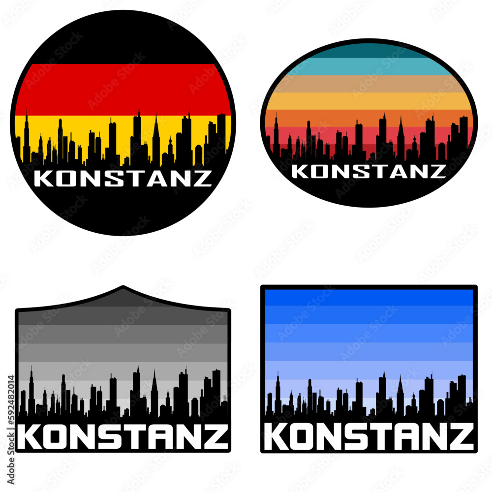 Konstanz Skyline Silhouette Germany Flag Travel Souvenir Sticker Sunset Background Vector Illustration SVG EPS AI