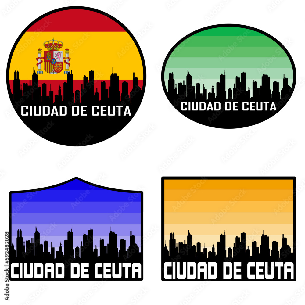 Ciudad de Ceuta Skyline Silhouette Spain Flag Travel Souvenir Sticker Sunset Background Vector Illustration SVG EPS AI
