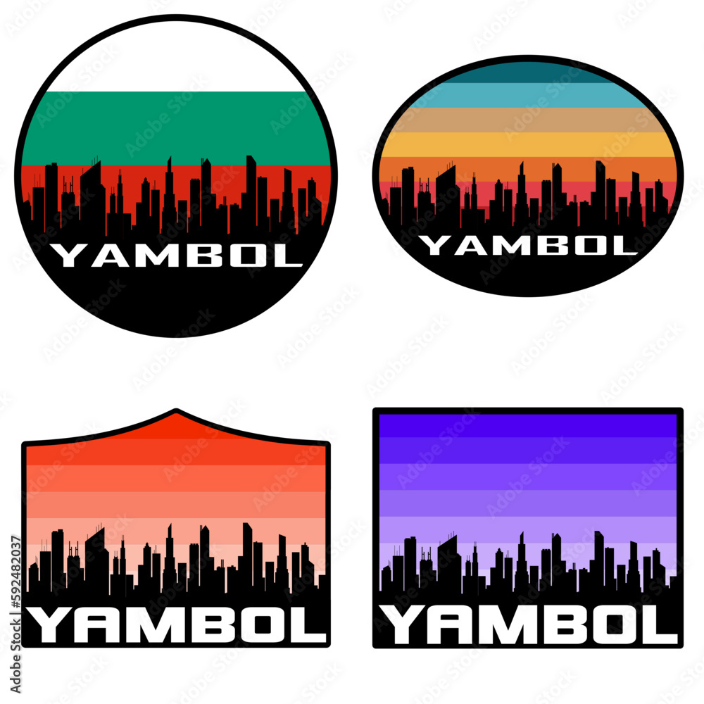 Yambol Skyline Silhouette Bulgaria Flag Travel Souvenir Sticker Sunset Background Vector Illustration SVG EPS AI