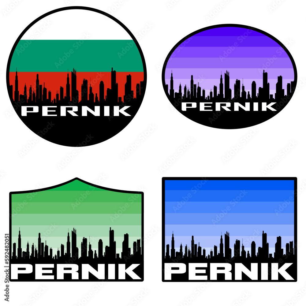 Pernik Skyline Silhouette Bulgaria Flag Travel Souvenir Sticker Sunset Background Vector Illustration SVG EPS AI