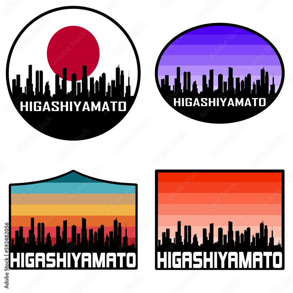 Higashiyamato Skyline Silhouette Japan Flag Travel Souvenir Sticker Sunset Background Vector Illustration SVG EPS AI