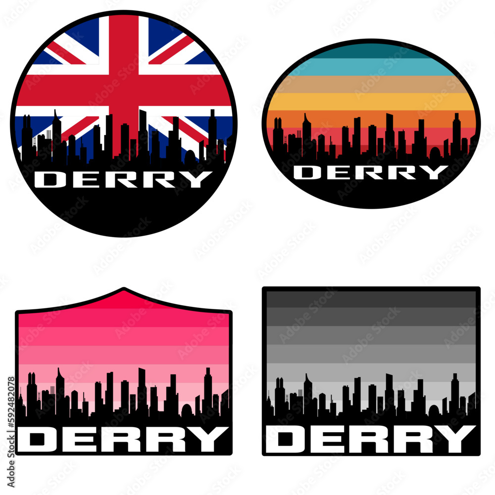 Derry Skyline Silhouette Uk Flag Travel Souvenir Sticker Sunset Background Vector Illustration SVG EPS AI