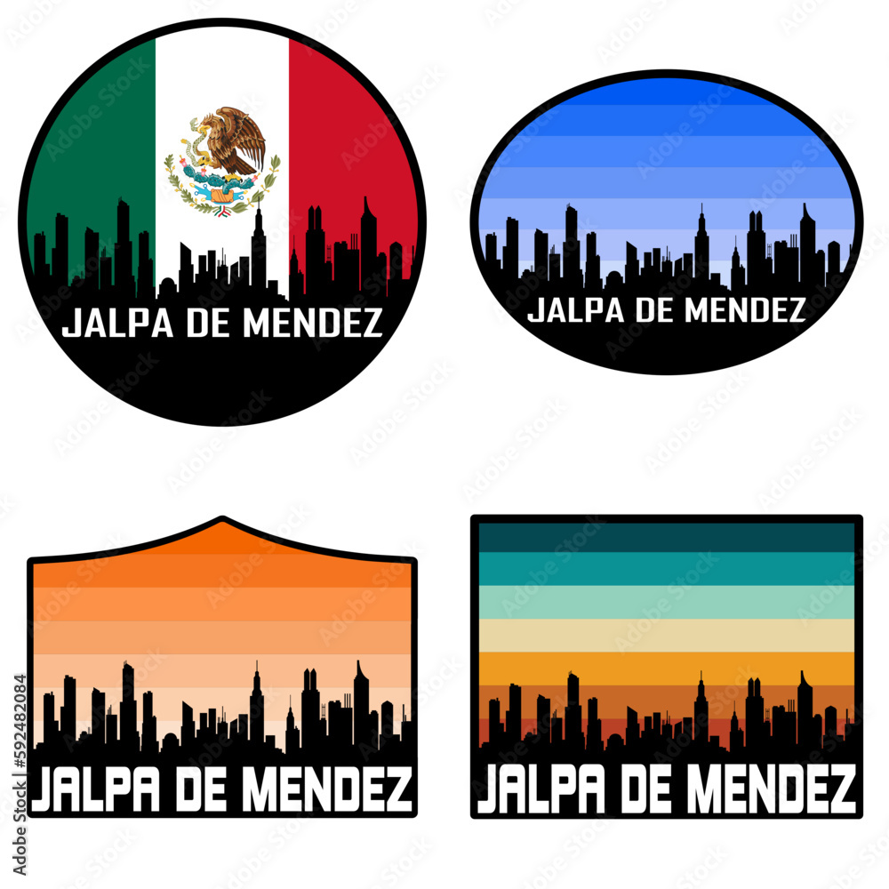 Jalpa de Mendez Skyline Silhouette Mexico Flag Travel Souvenir Sticker Sunset Background Vector Illustration SVG EPS AI