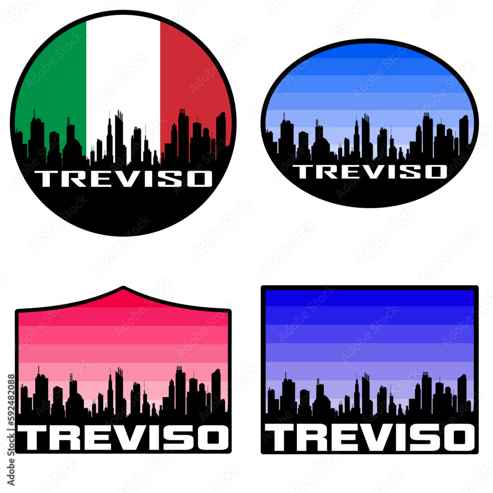 Treviso Skyline Silhouette Italy Flag Travel Souvenir Sticker Sunset Background Vector Illustration SVG EPS AI