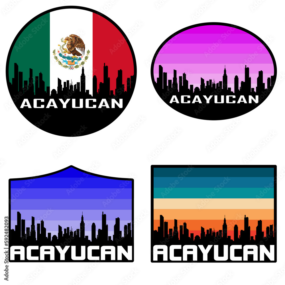Acayucan Skyline Silhouette Mexico Flag Travel Souvenir Sticker Sunset Background Vector Illustration SVG EPS AI