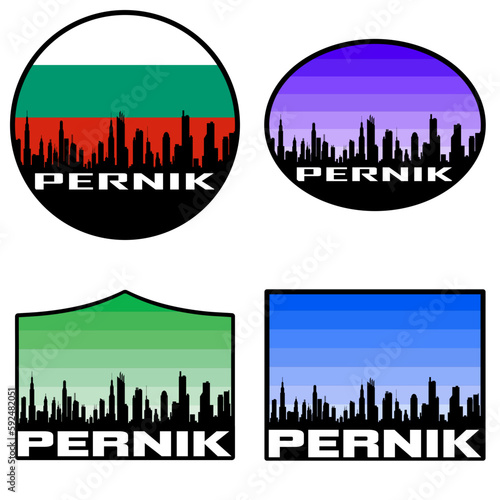 Pernik Skyline Silhouette Bulgaria Flag Travel Souvenir Sticker Sunset Background Vector Illustration SVG EPS AI