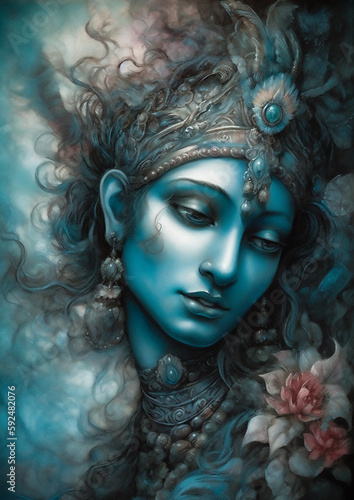 Illustration of Krishna in a fictional scenery for frame. Religious character concept art made with generative ai