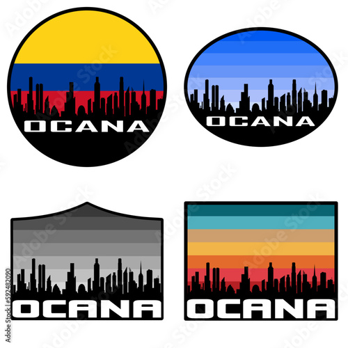 Ocana Skyline Silhouette Colombia Flag Travel Souvenir Sticker Sunset Background Vector Illustration SVG EPS AI photo