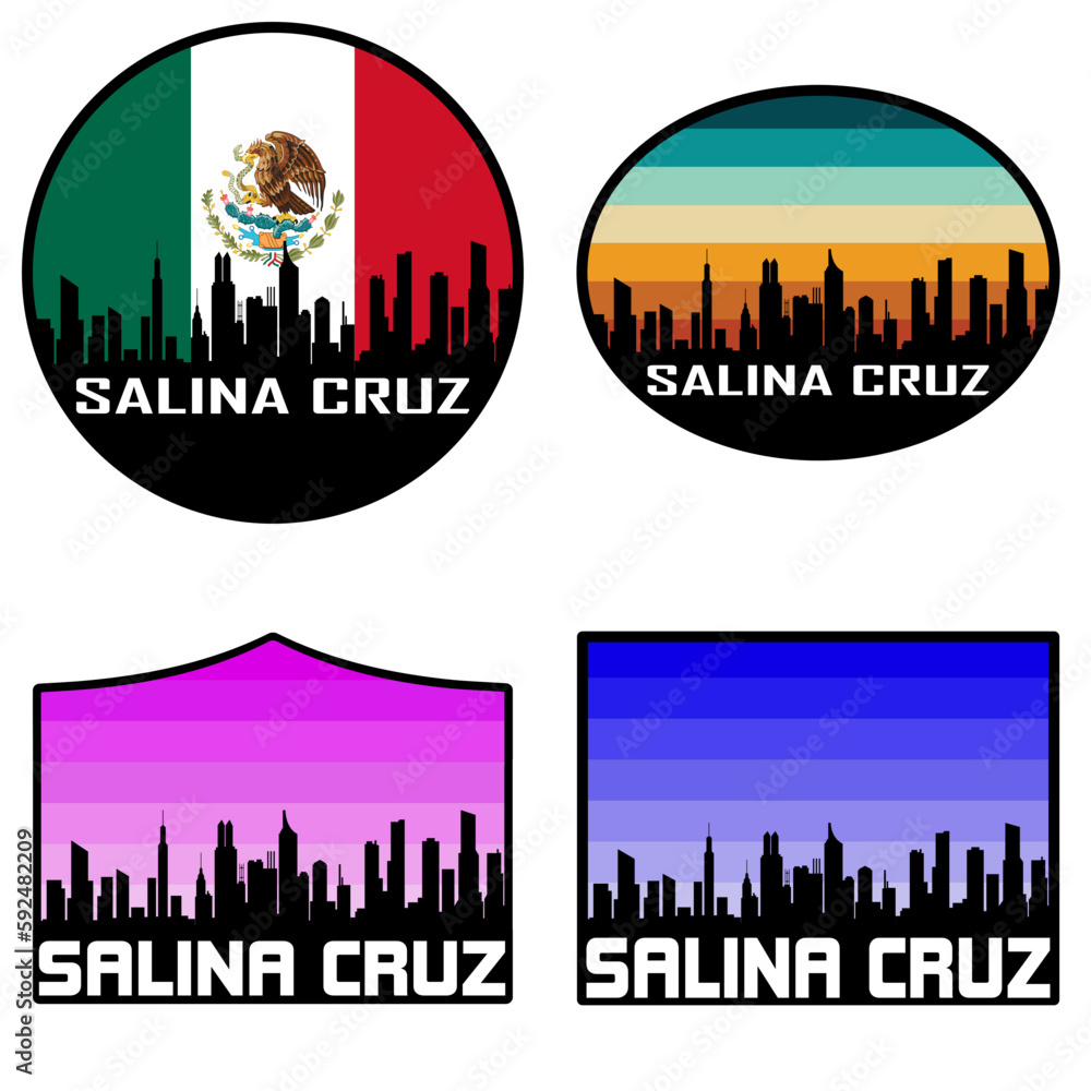 Obraz premium Salina Cruz Skyline Silhouette Mexico Flag Travel Souvenir Sticker Sunset Background Vector Illustration SVG EPS AI