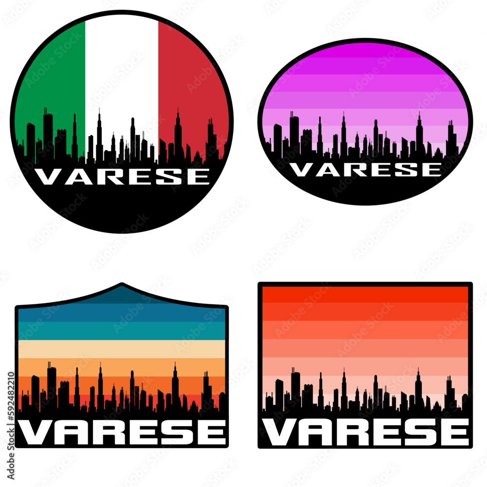 Obraz premium Varese Skyline Silhouette Italy Flag Travel Souvenir Sticker Sunset Background Vector Illustration SVG EPS AI