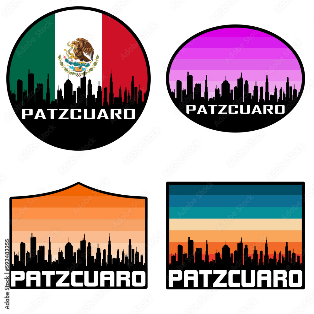 Patzcuaro Skyline Silhouette Mexico Flag Travel Souvenir Sticker Sunset Background Vector Illustration SVG EPS AI