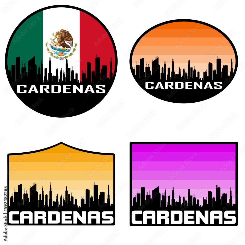 Cardenas Skyline Silhouette Mexico Flag Travel Souvenir Sticker Sunset Background Vector Illustration SVG EPS AI
