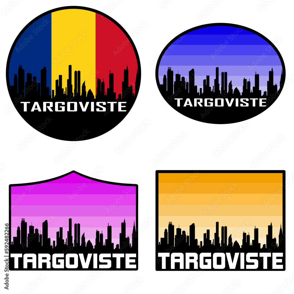 Targoviste Skyline Silhouette Romania Flag Travel Souvenir Sticker Sunset Background Vector Illustration SVG EPS AI