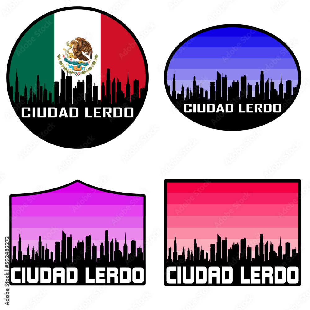 Ciudad Lerdo Skyline Silhouette Mexico Flag Travel Souvenir Sticker Sunset Background Vector Illustration SVG EPS AI