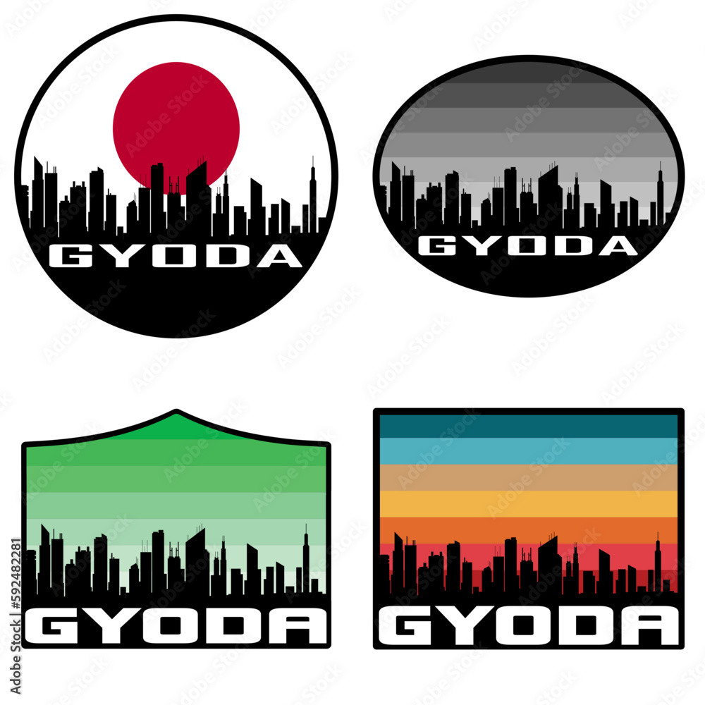 Gyoda Skyline Silhouette Japan Flag Travel Souvenir Sticker Sunset Background Vector Illustration SVG EPS AI