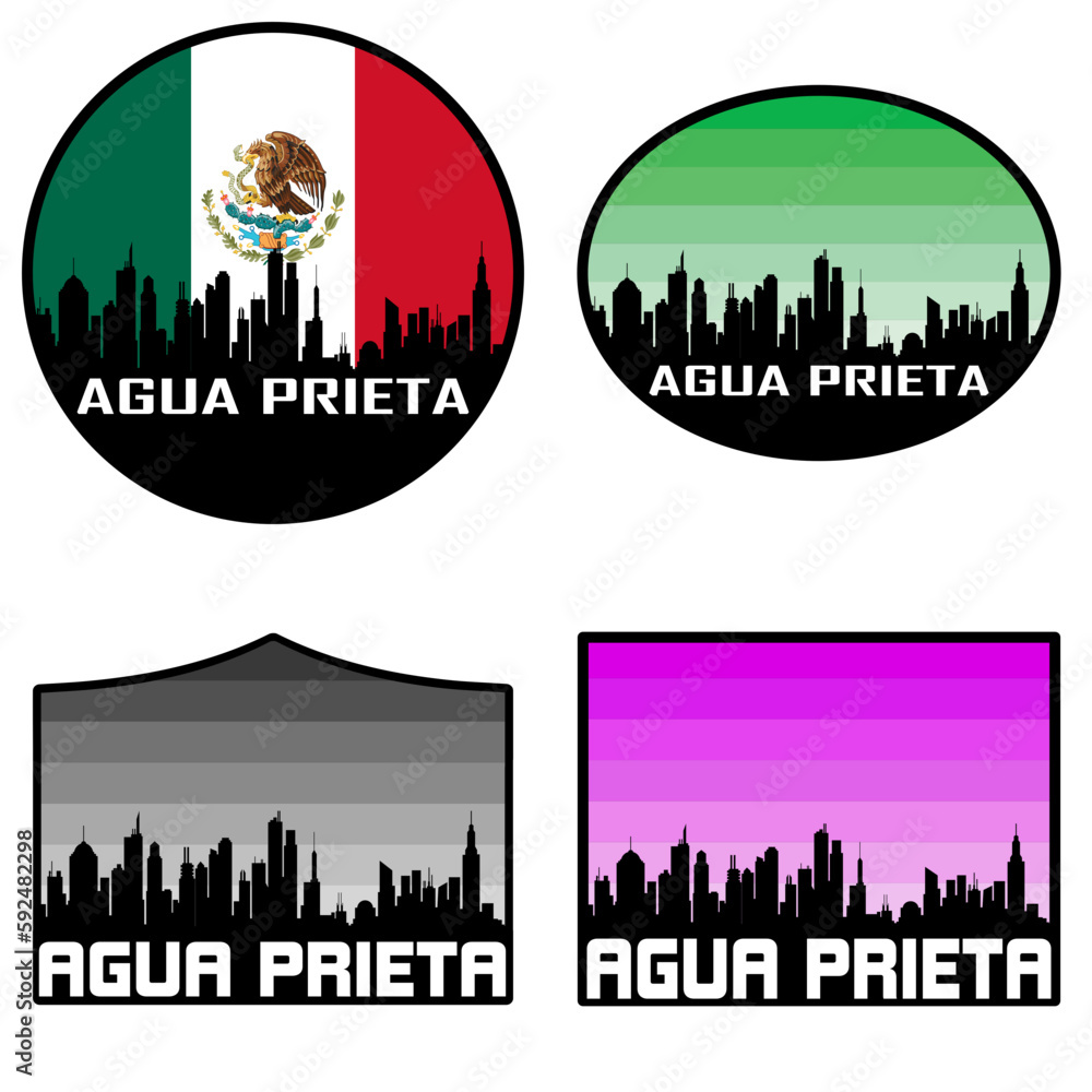 Agua Prieta Skyline Silhouette Mexico Flag Travel Souvenir Sticker Sunset Background Vector Illustration SVG EPS AI