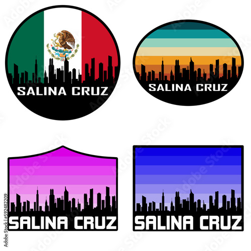 Salina Cruz Skyline Silhouette Mexico Flag Travel Souvenir Sticker Sunset Background Vector Illustration SVG EPS AI