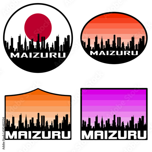 Maizuru Skyline Silhouette Japan Flag Travel Souvenir Sticker Sunset Background Vector Illustration SVG EPS AI photo