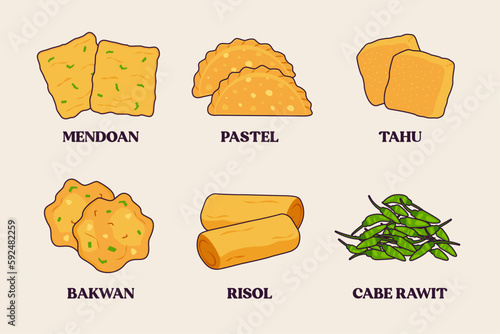 gorengan indonesia vector. illustration of indonesian traditional fried food. tempe. tahu. tofu. bakwan. chili. cabai rawit. pastel mendoan. risol. junk food. fast food. street food.isolated set snack