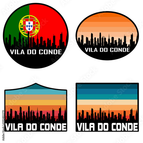 Vila do Conde Skyline Silhouette Portugal Flag Travel Souvenir Sticker Sunset Background Vector Illustration SVG EPS AI