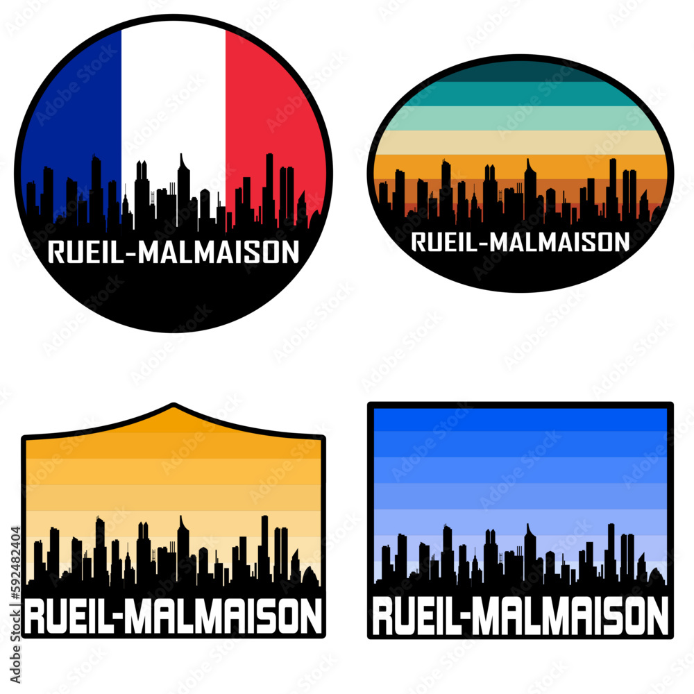 Rueil Malmaison Skyline Silhouette France Flag Travel Souvenir Sticker Sunset Background Vector Illustration SVG EPS AI