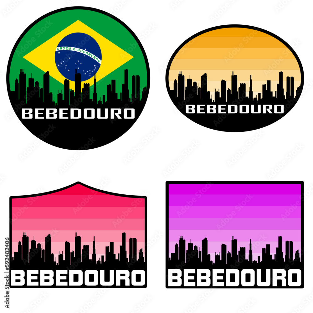 Bebedouro Skyline Silhouette Brazil Flag Travel Souvenir Sticker Sunset Background Vector Illustration SVG EPS AI