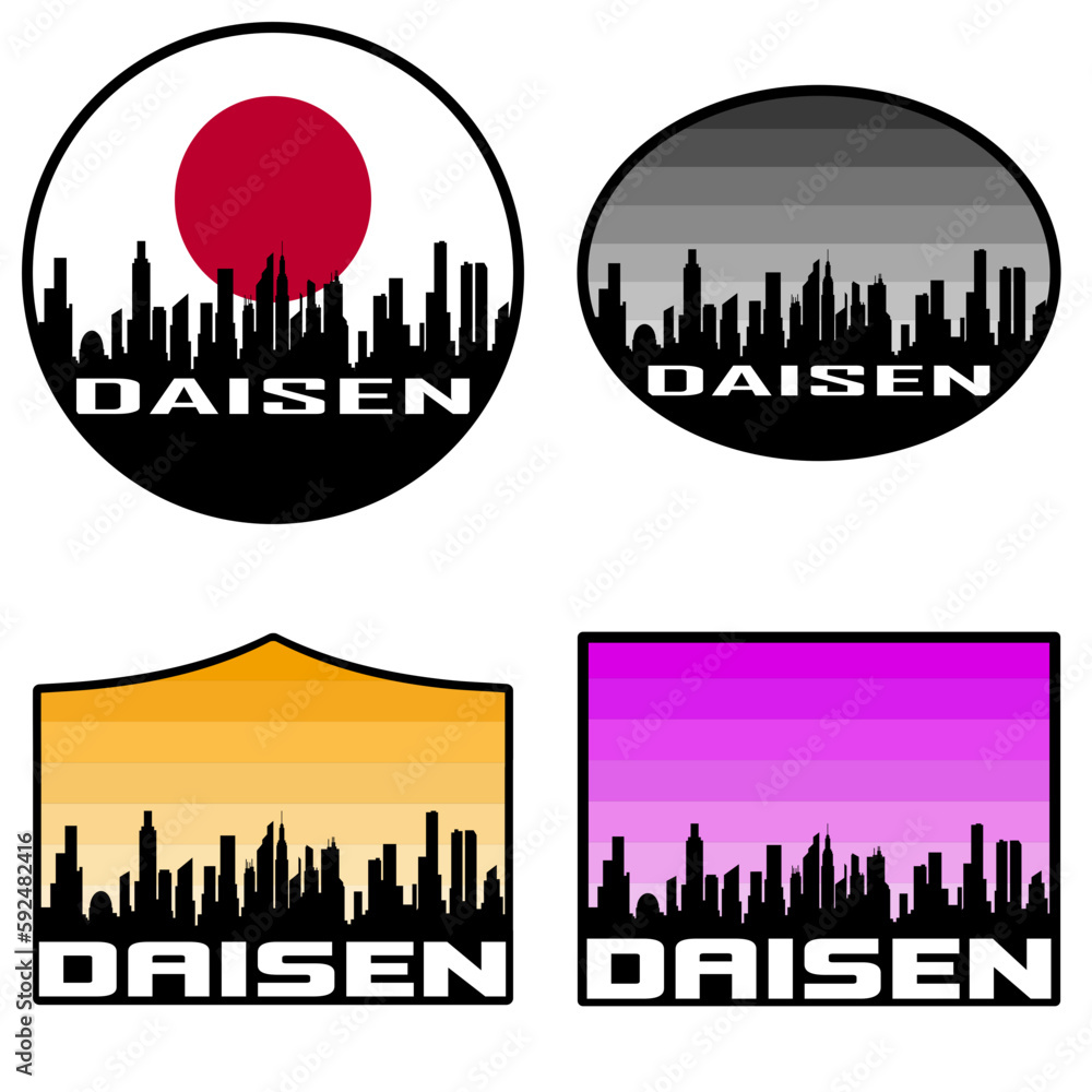 Daisen Skyline Silhouette Japan Flag Travel Souvenir Sticker Sunset Background Vector Illustration SVG EPS AI
