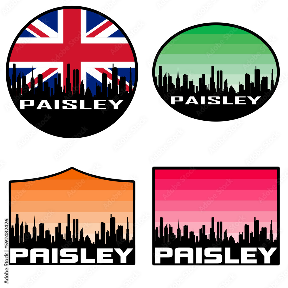 Paisley Skyline Silhouette Uk Flag Travel Souvenir Sticker Sunset Background Vector Illustration SVG EPS AI
