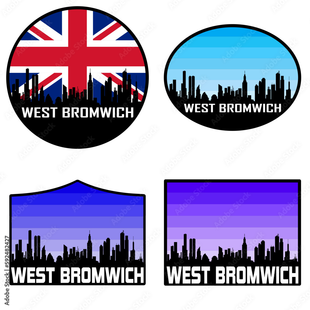 West Bromwich Skyline Silhouette Uk Flag Travel Souvenir Sticker Sunset Background Vector Illustration SVG EPS AI