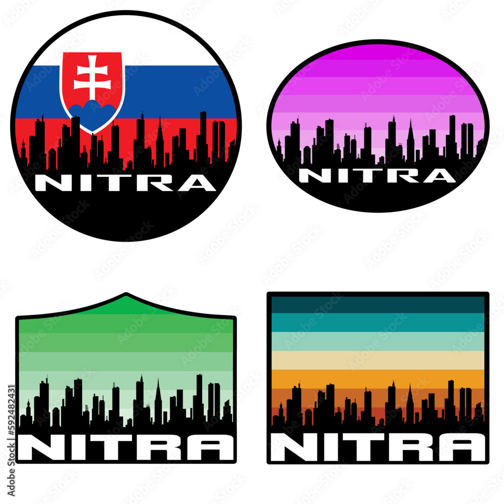 Nitra Skyline Silhouette Slovakia Flag Travel Souvenir Sticker Sunset Background Vector Illustration SVG EPS AI