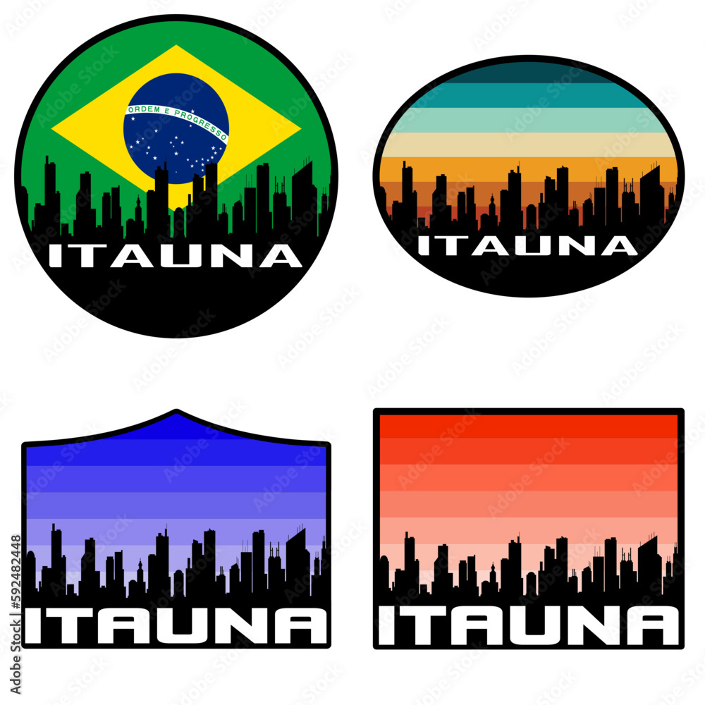 Itauna Skyline Silhouette Brazil Flag Travel Souvenir Sticker Sunset Background Vector Illustration SVG EPS AI