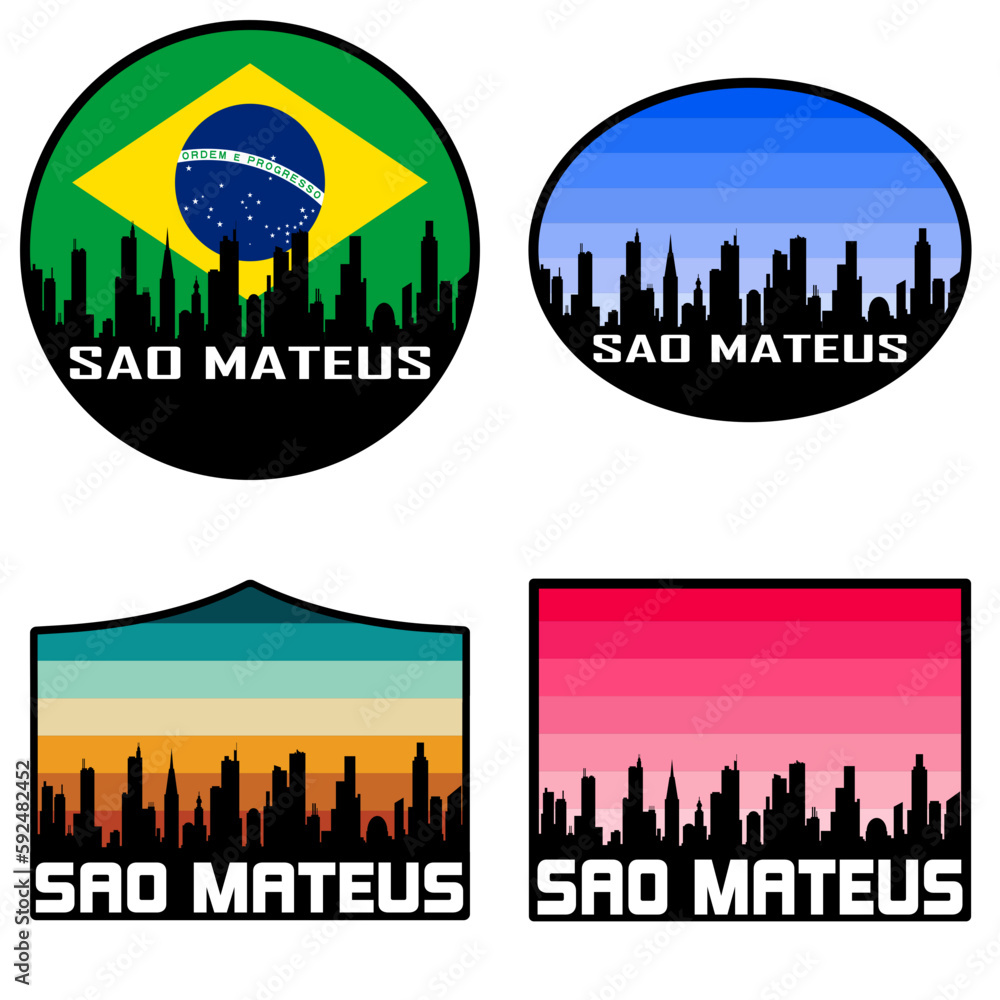 Sao Mateus Skyline Silhouette Brazil Flag Travel Souvenir Sticker Sunset Background Vector Illustration SVG EPS AI