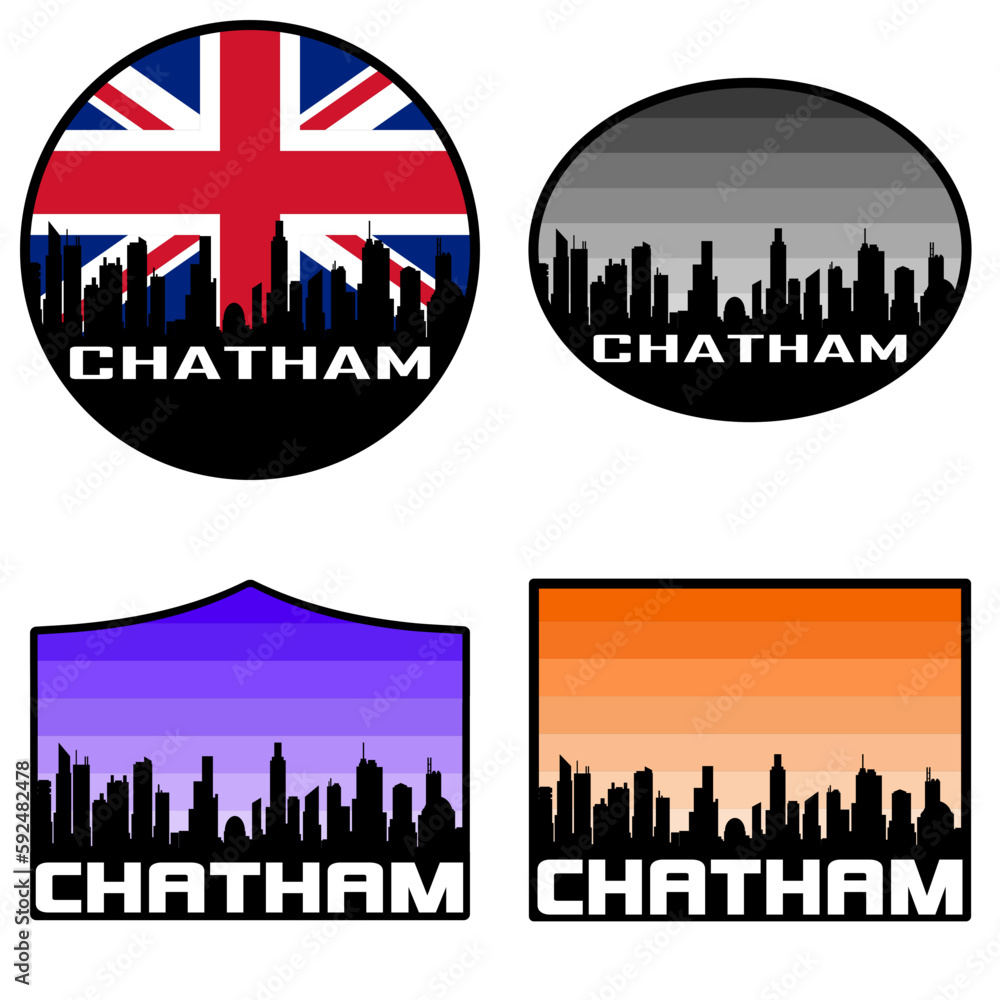 Chatham Skyline Silhouette Uk Flag Travel Souvenir Sticker Sunset Background Vector Illustration SVG EPS AI