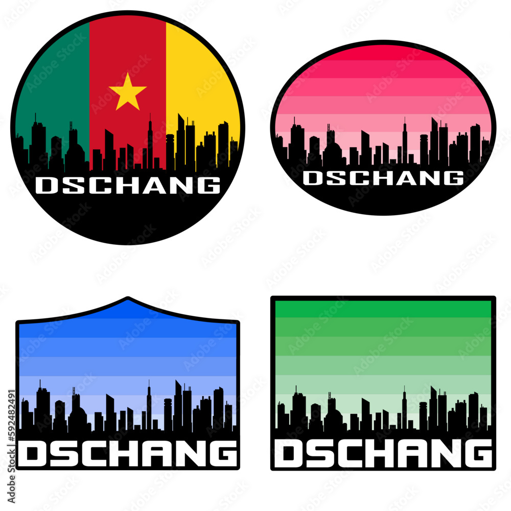 Dschang Skyline Silhouette Cameroon Flag Travel Souvenir Sticker Sunset Background Vector Illustration SVG EPS AI