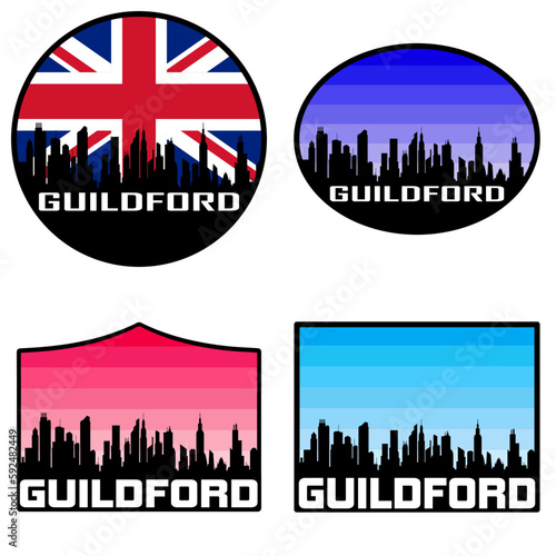 Guildford Skyline Silhouette Uk Flag Travel Souvenir Sticker Sunset Background Vector Illustration SVG EPS AI