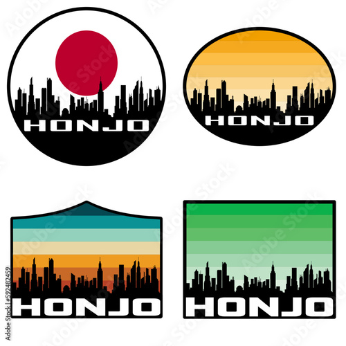 Honjo Skyline Silhouette Japan Flag Travel Souvenir Sticker Sunset Background Vector Illustration SVG EPS AI