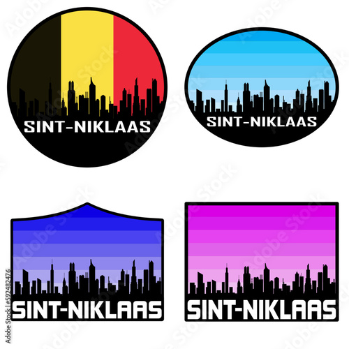 Sint Niklaas Skyline Silhouette Belgium Flag Travel Souvenir Sticker Sunset Background Vector Illustration SVG EPS AI