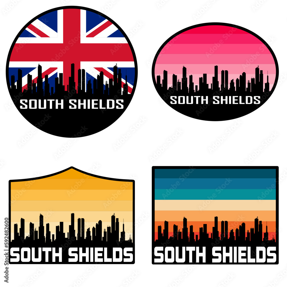 South Shields Skyline Silhouette Uk Flag Travel Souvenir Sticker Sunset Background Vector Illustration SVG EPS AI