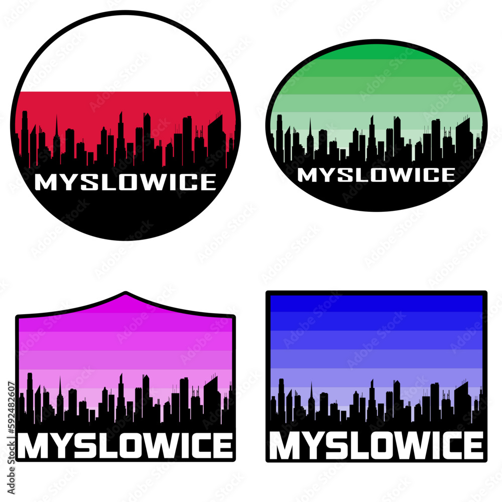 Myslowice Skyline Silhouette Poland Flag Travel Souvenir Sticker Sunset Background Vector Illustration SVG EPS AI