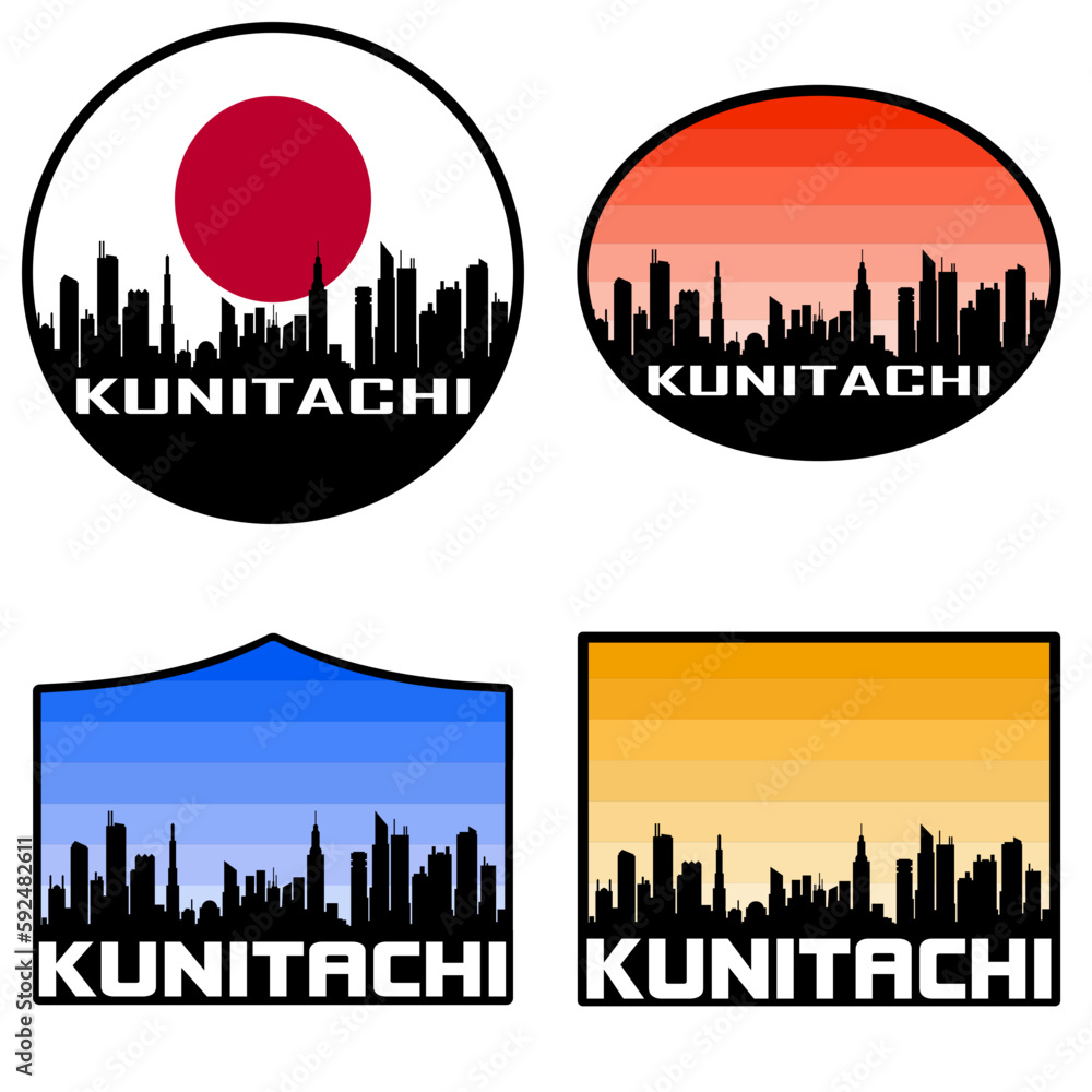 Kunitachi Skyline Silhouette Japan Flag Travel Souvenir Sticker Sunset Background Vector Illustration SVG EPS AI