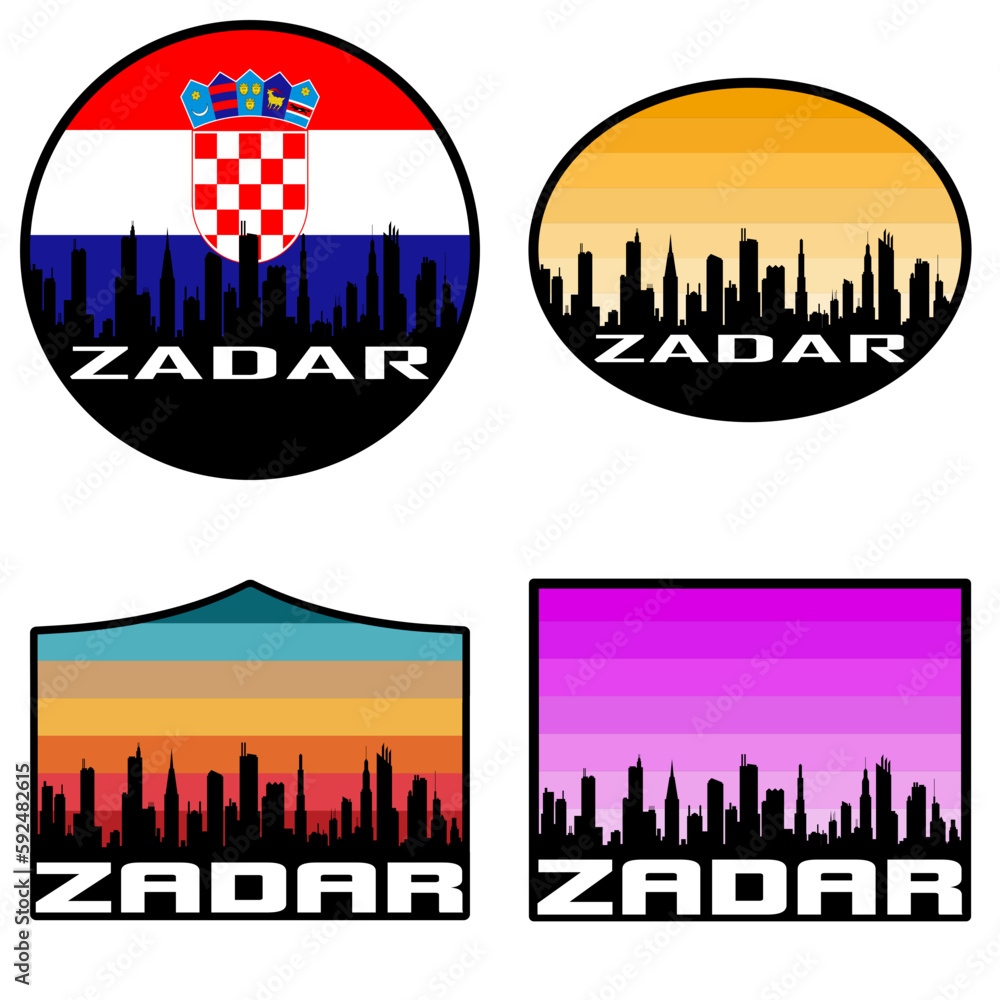 Zadar Skyline Silhouette Croatia Flag Travel Souvenir Sticker Sunset Background Vector Illustration SVG EPS AI