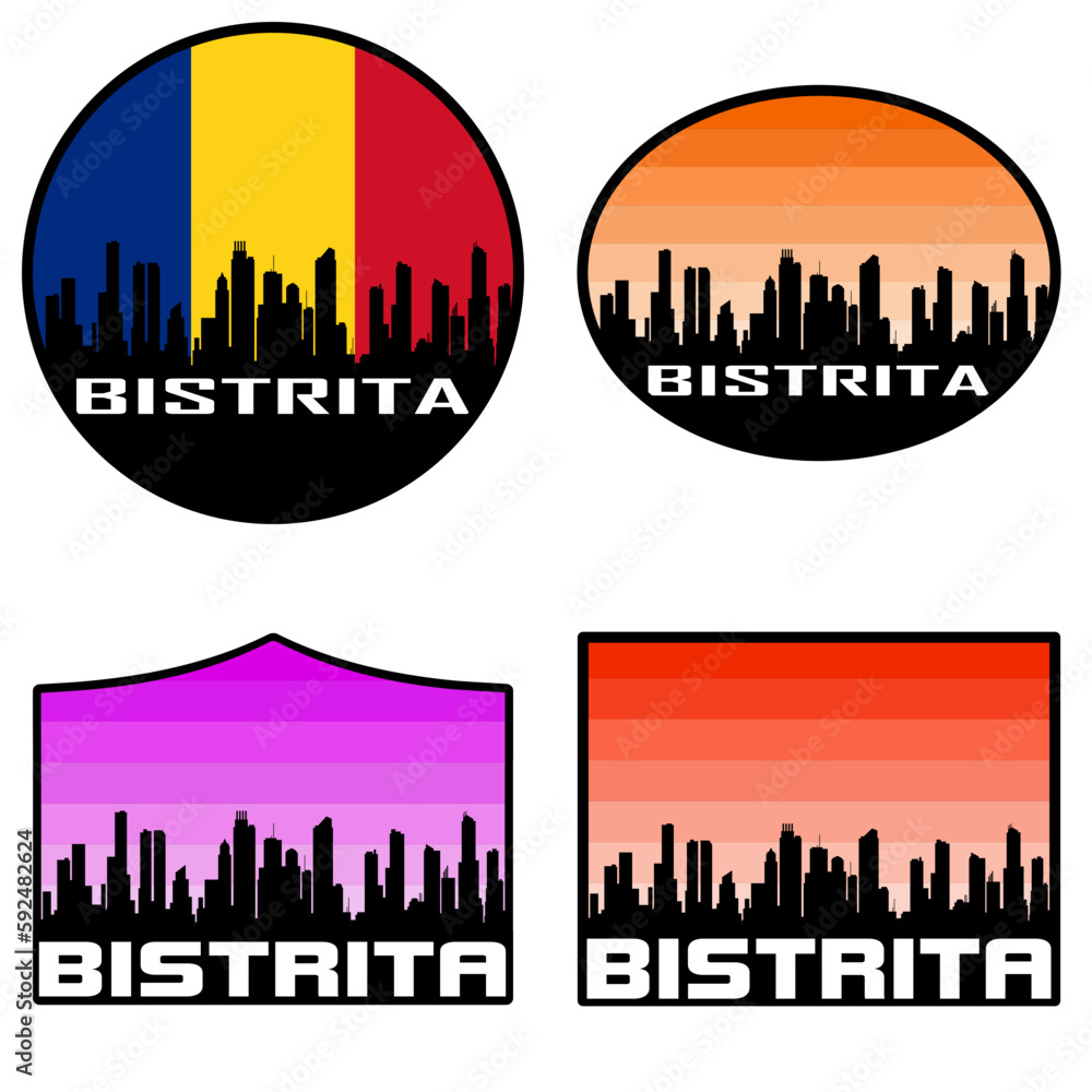 Bistrita Skyline Silhouette Romania Flag Travel Souvenir Sticker Sunset Background Vector Illustration SVG EPS AI