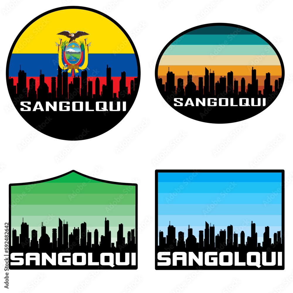 Sangolqui Skyline Silhouette Ecuador Flag Travel Souvenir Sticker Sunset Background Vector Illustration SVG EPS AI