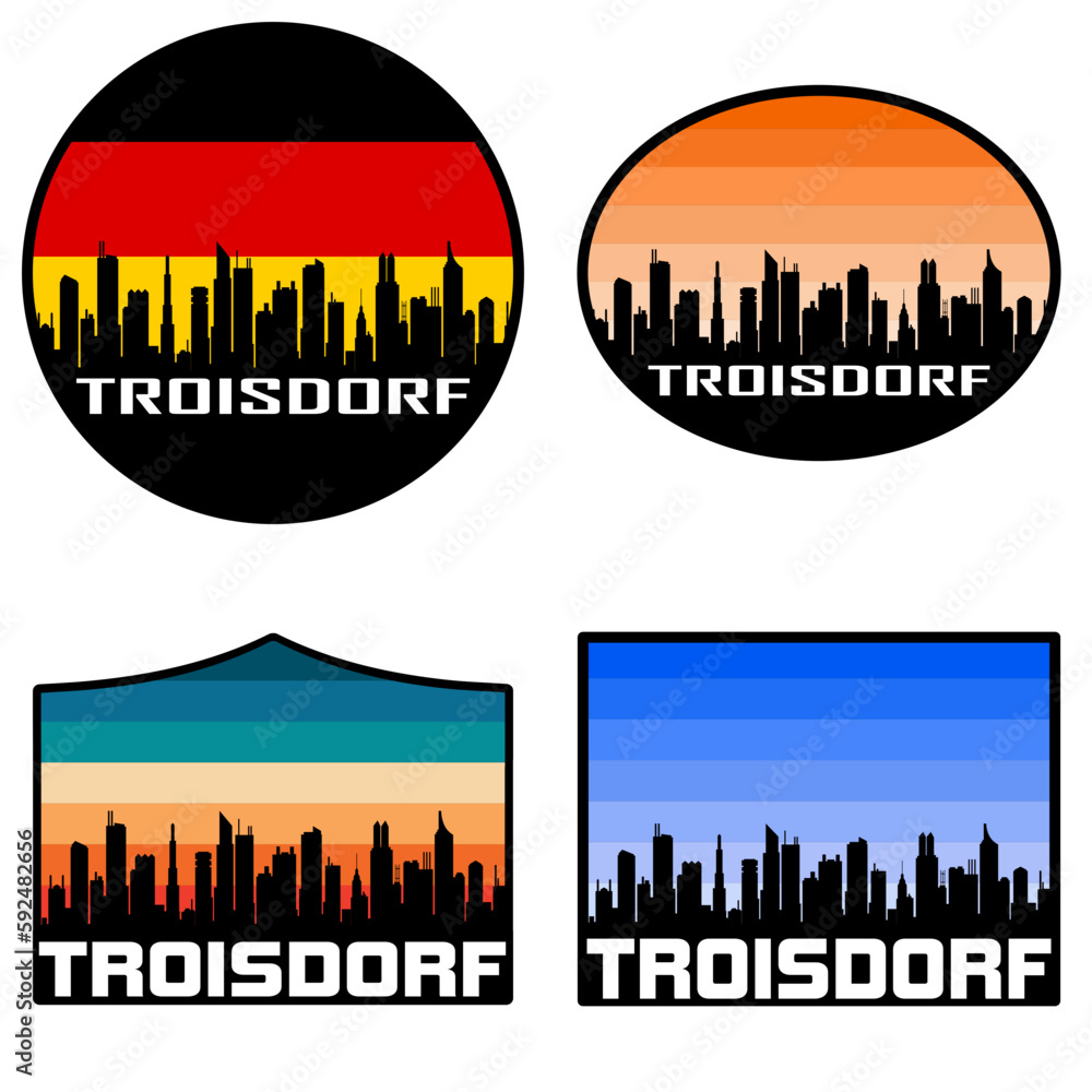 Troisdorf Skyline Silhouette Germany Flag Travel Souvenir Sticker Sunset Background Vector Illustration SVG EPS AI