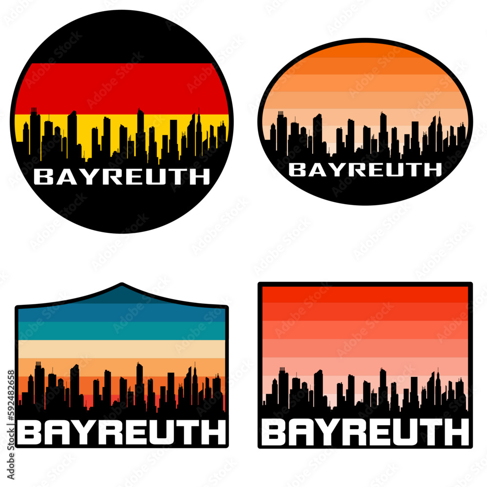 Bayreuth Skyline Silhouette Germany Flag Travel Souvenir Sticker Sunset Background Vector Illustration SVG EPS AI