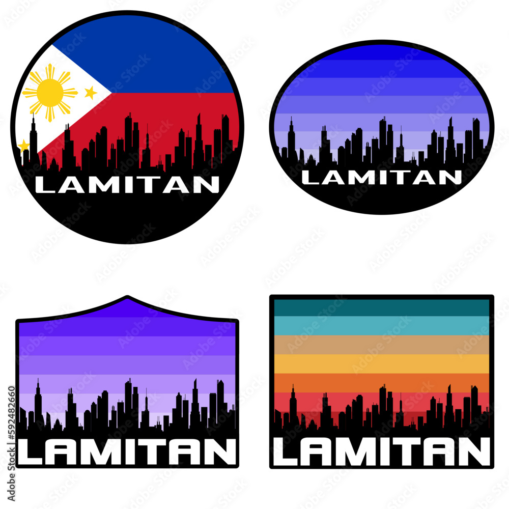 Lamitan Skyline Silhouette Philippines Flag Travel Souvenir Sticker Sunset Background Vector Illustration SVG EPS AI