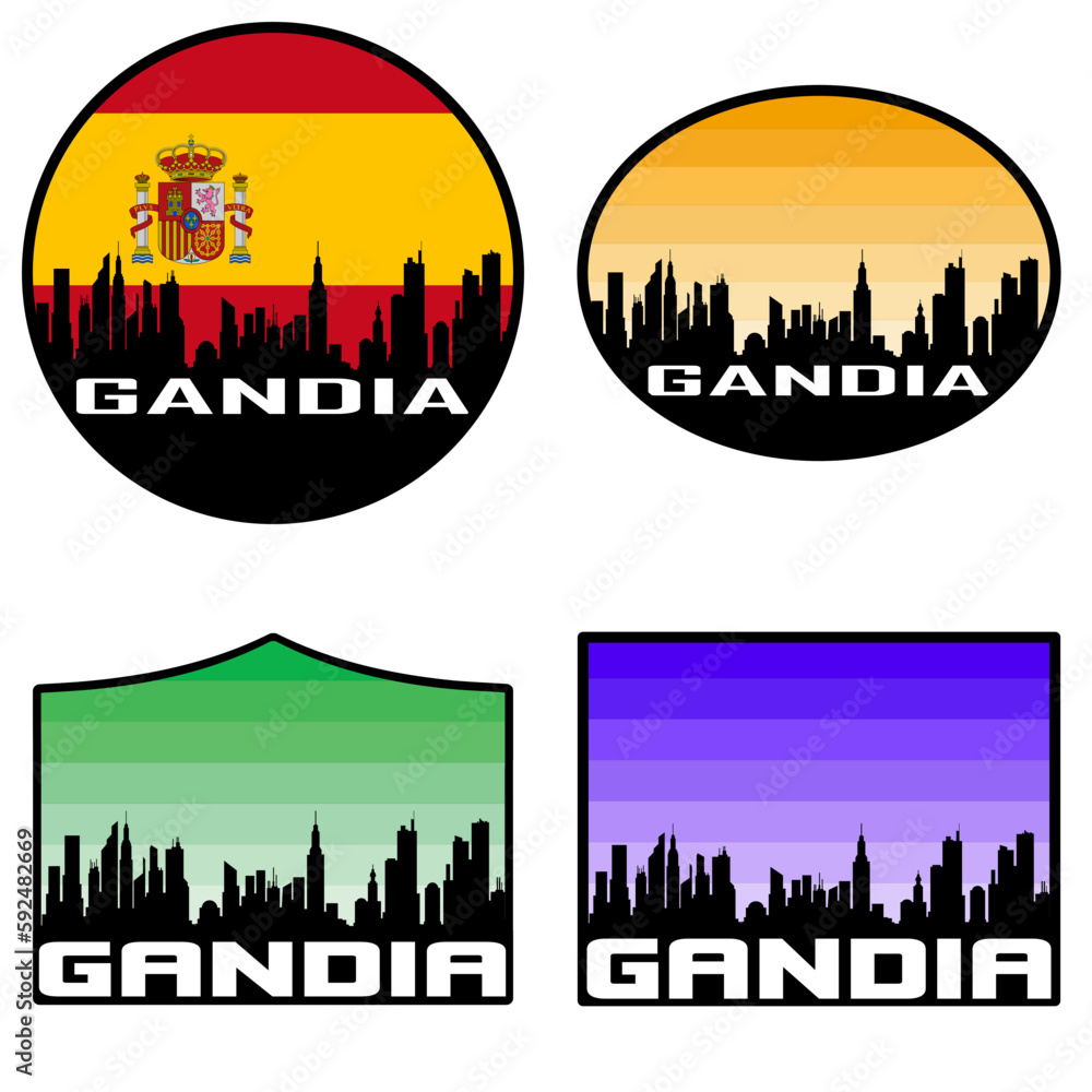 Gandia Skyline Silhouette Spain Flag Travel Souvenir Sticker Sunset Background Vector Illustration SVG EPS AI