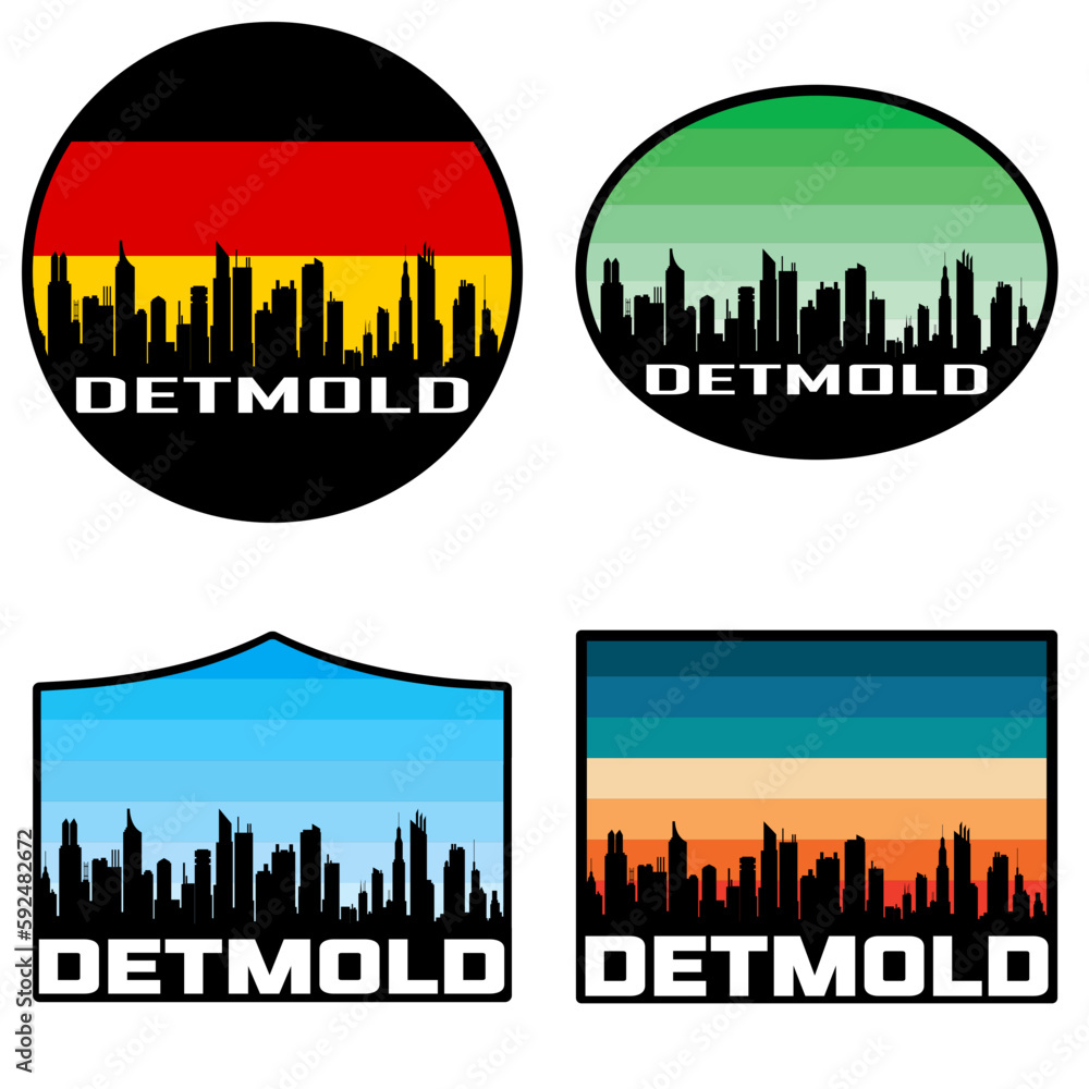 Detmold Skyline Silhouette Germany Flag Travel Souvenir Sticker Sunset Background Vector Illustration SVG EPS AI