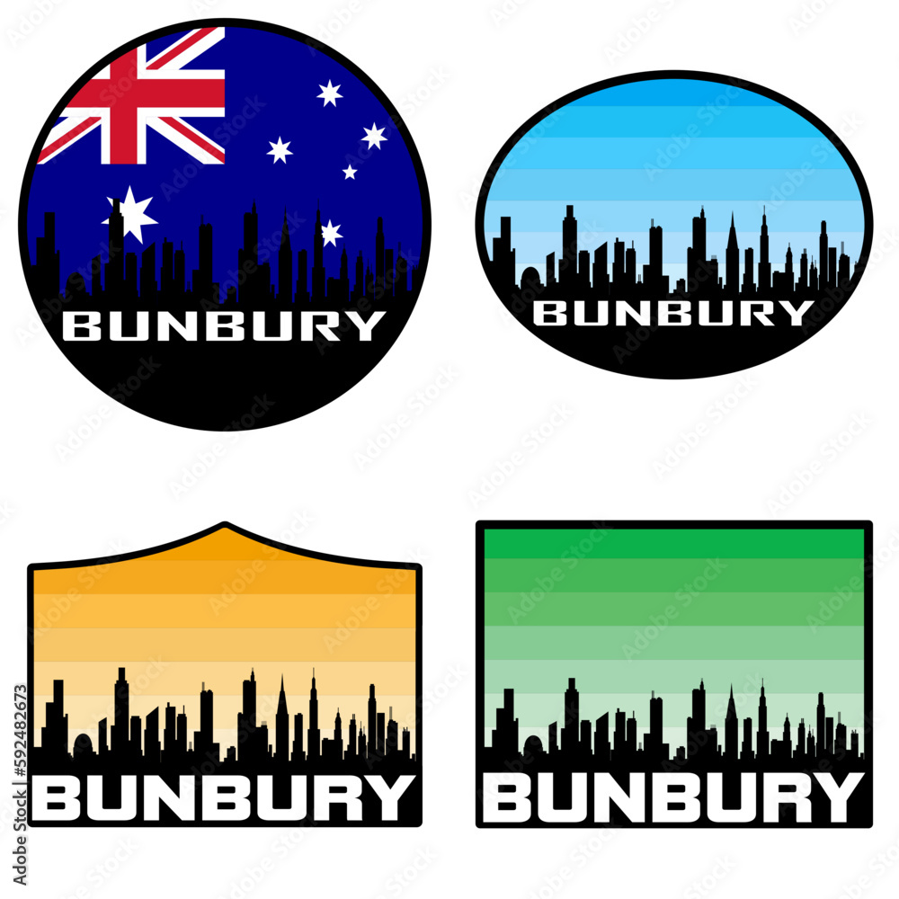 Bunbury Skyline Silhouette Australia Flag Travel Souvenir Sticker Sunset Background Vector Illustration SVG EPS AI