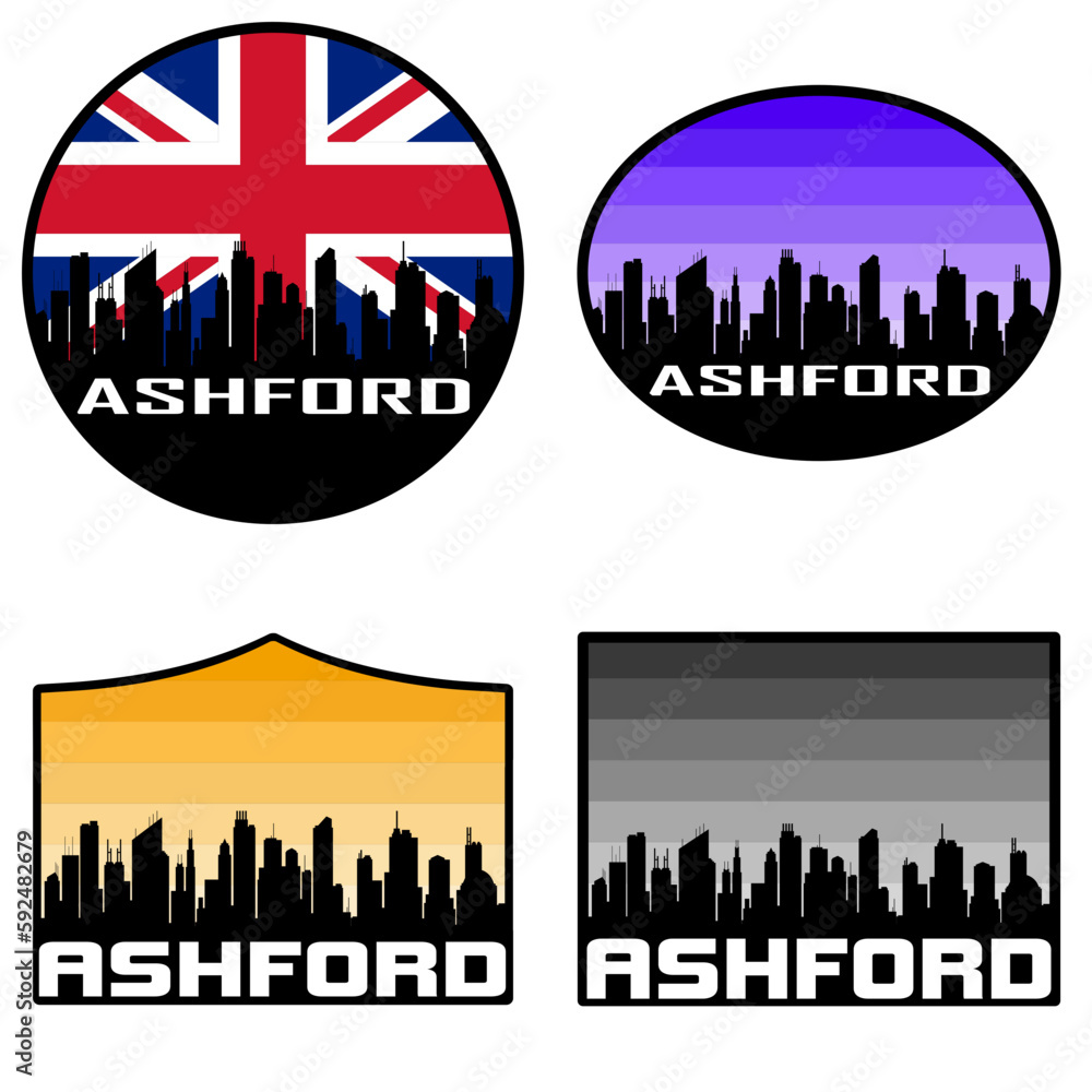 Ashford Skyline Silhouette Uk Flag Travel Souvenir Sticker Sunset Background Vector Illustration SVG EPS AI